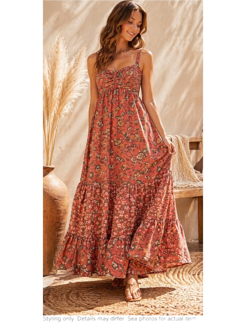 Dusty Coral Floral Boho Maxi Dress Tiered Romantic Festival M